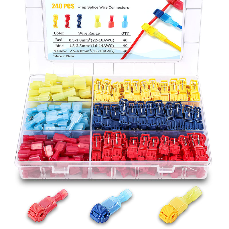 Flytuo 240PCS T-Tap Wire Connectors, Self-Stripping Quick Splice Electrical Wire Terminals, Insulated Male Quick Disconnect Spade Terminals Assortment Kit - NewNest Australia