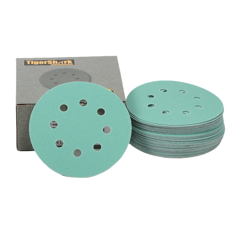 TigerShark 5 Inch Sanding Discs 8 Hole Wet Dry Grit 150 50pcs Pack Special Anti Clog Coating Film Green Line Hook and Loop Dustless Random Orbital Sander PapeR G150/50PCS - NewNest Australia