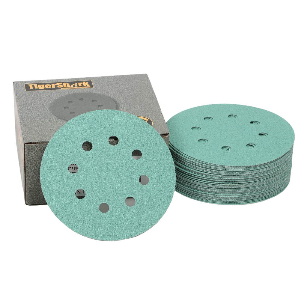 TigerShark 5 Inch Sanding Discs 8 Hole Wet Dry Grit 100 50pcs Pack Special Anti Clog Coating Film Green Line Hook and Loop Dustless Random Orbital Sander PapeR G100/50PCS - NewNest Australia