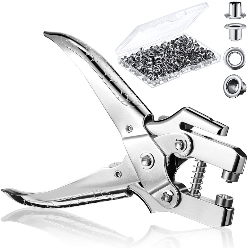Grommet Eyelet Pliers 3/16 Inch Eyelet Hole Punch Pliers with 200 Piece Metal Eyelets Easy Press Hollow Grommet Portable Handheld Grommet Eyelet Setting Tools for Card Paper Canvas (Silver) Silver - NewNest Australia