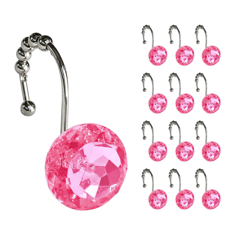 Sunlit Luxury Design Round Hot Pink Diamond Crystal Gem Bling with Glide Balls Shower Curtain Hooks, Rust Proof Metal Rhinestones Glam Shower Curtain Rings-12 Pack - NewNest Australia
