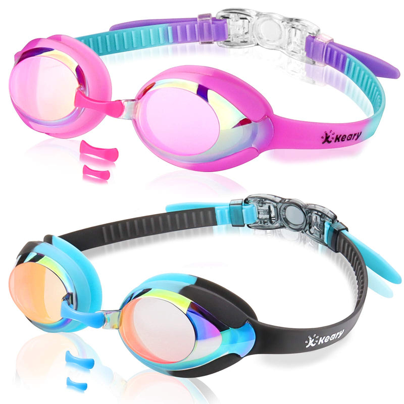 Keary 2 Pack Kids Swim Goggles for Toddler Kids Youth(3-9),Anti-Fog Waterproof Anti-UV Clear Vision Water Pool Goggles Mirrored Black & Pink(2 Pack) - NewNest Australia