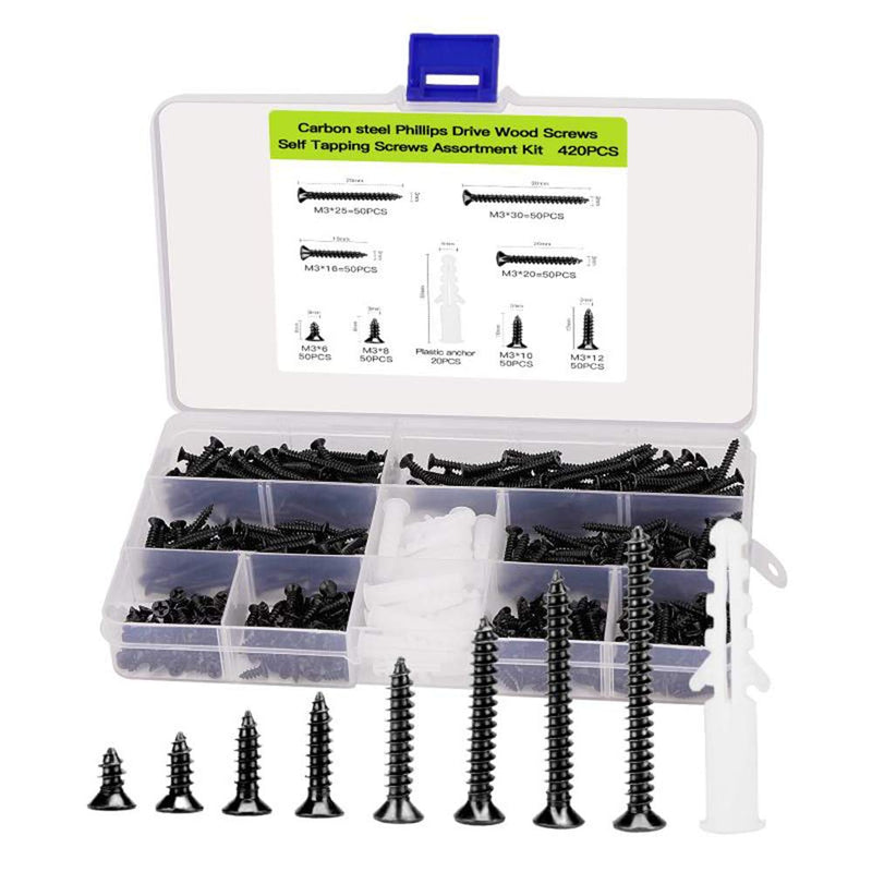 M3 Flat Head Wood Screws Assortment Fasteners Kit 420pcs,Phillips Drive Countersunk Head Self-Tapping Screws,Carbon Steel,Contains 20pcs M6 Screw Anchors Black - NewNest Australia