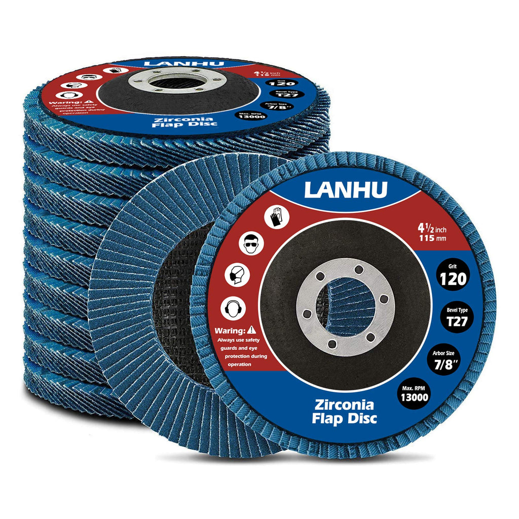 LANHU，Zirconia Flap Disc | 4.5" x 7/8-Inch | 120 Grit Flat Type Fiber Glass Wheel Flat Type #27 Grinder |10 Pack - NewNest Australia