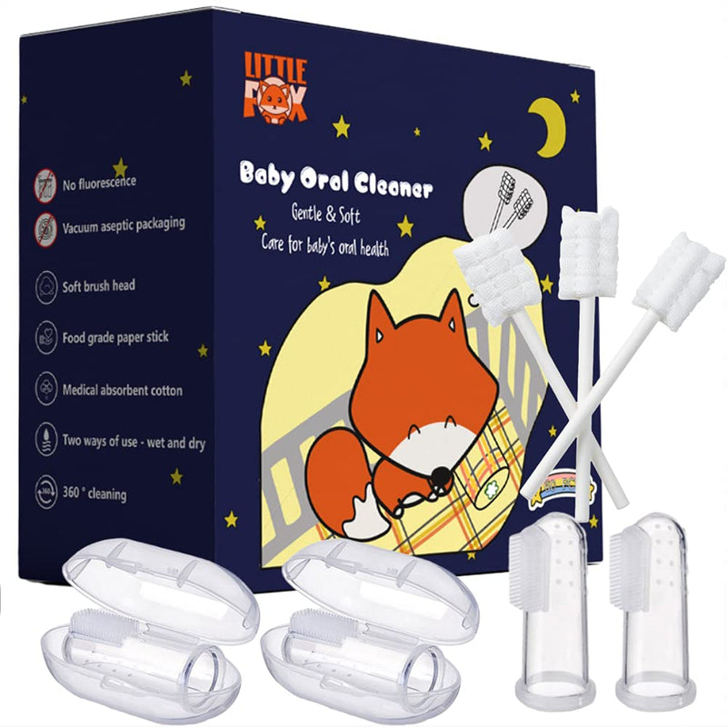 [60 Pcs] Little Fox Baby Oral Cleaner +2 Pcs Finger Toothbrush with Cases, Baby Tongue Cleaner, Newborn Toothbrush, Disposable Tongue and Gum Cleaner, Infant Oral Care and Cleaning for 0-36 Month Baby - NewNest Australia