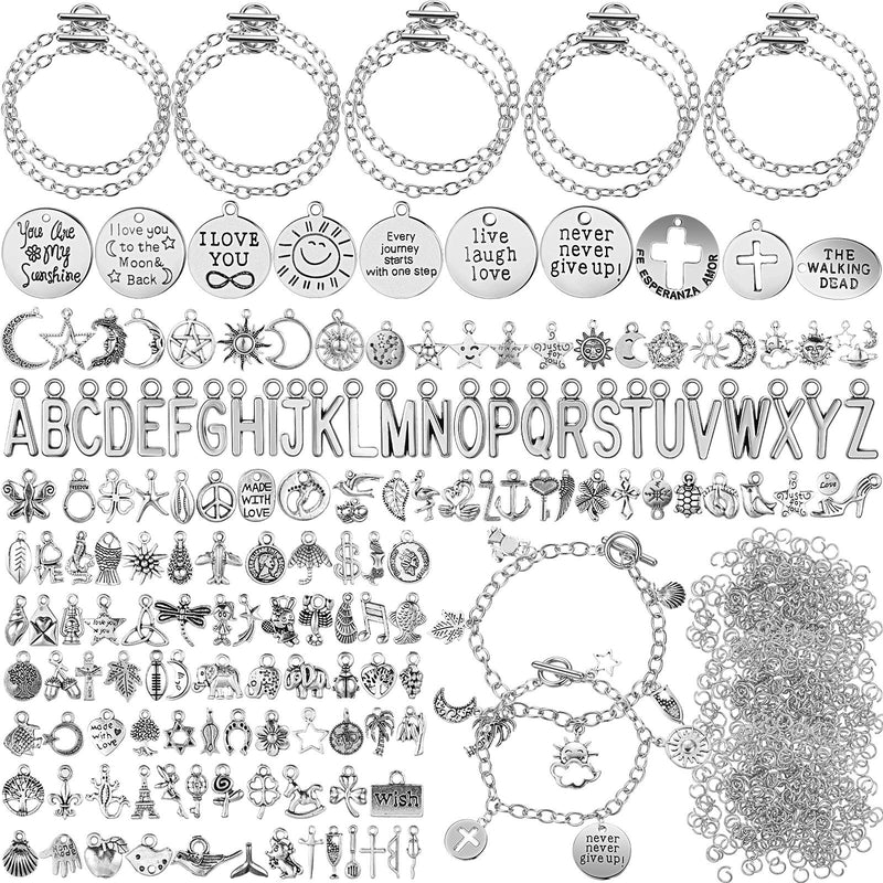 Highergo 469 Pieces Bangles Bracelet Making Kit, 10 Pieces Round Link Chain Bracelets with OT Toggle Clasp, 159 Pieces Moon Stars Tibetan Silver Charms and 300 Pieces Open Jump Ring for Jewelry Making - NewNest Australia