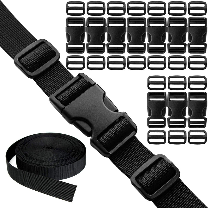 Buckles Straps Set of 1 inch: 10 pcs Quick Side Release Plastic Buckle Dual Adjustable + 12 Yard Black Nylon Webbing Strap Band + 20 pcs Tri-glide Slide Clip, No Sewing Required Heavy Duty Durable 31 - NewNest Australia