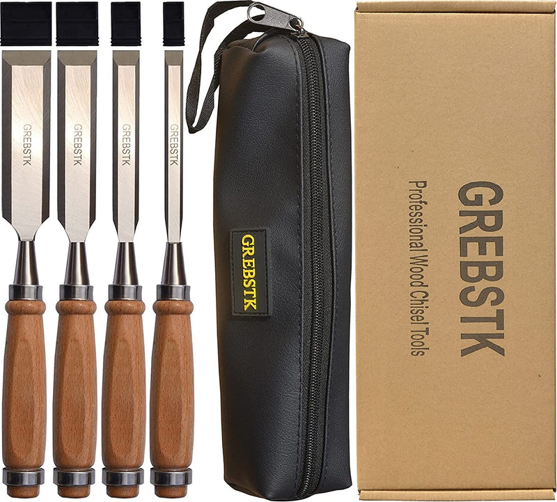 GREBSTK 4 Piece Wood Chisel Tool Sets Sturdy Chrome Vanadium Steel Chisel Beech Handles Woodworking Tools, 4PCS, 1/4 inch,1/2 inch,3/4 inch,1 inch (Leather Bag) 3#chisel - NewNest Australia