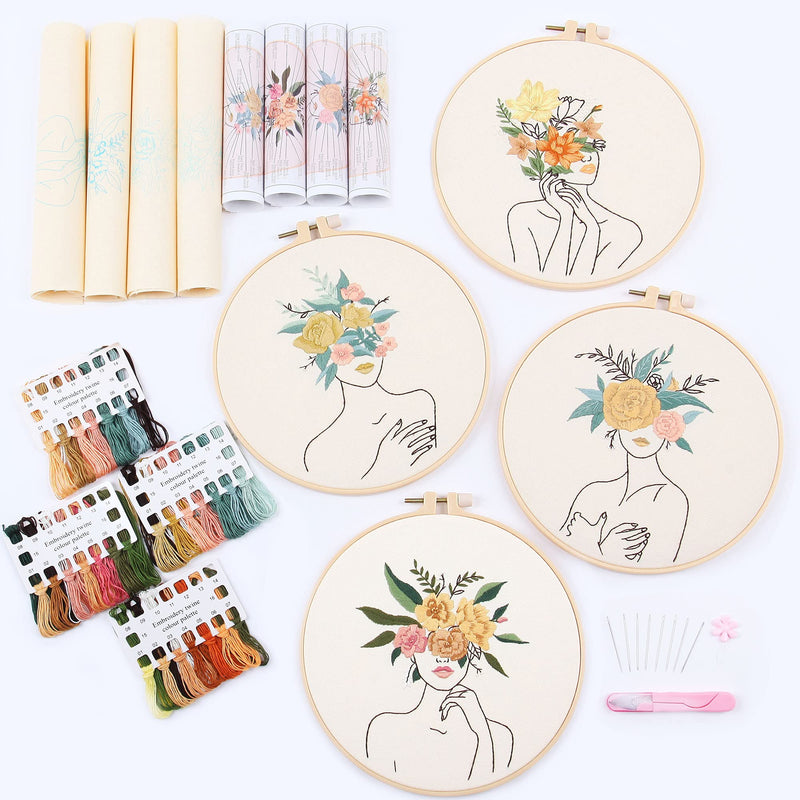 REEWISLY 4 pcs of Embroidery Starter kit with Patterns and Instructions, DIY Adult Beginner Cross Stitch Kits, Including 2 Plastic Embroidery Rings, 1 Pair of Scissors, Colored Threads and Needles apricot cream - NewNest Australia
