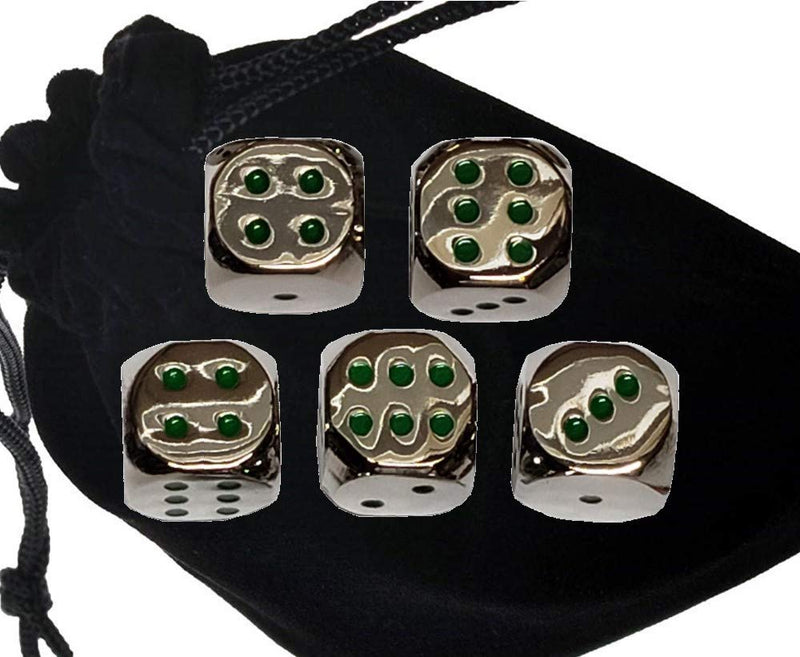 Set of (5) Solid Zinc Alloy Metal Polished Finish 16mm Dice, Rounded Corners with Black Velvet Cloth Pouch Silver with Green Dots - NewNest Australia