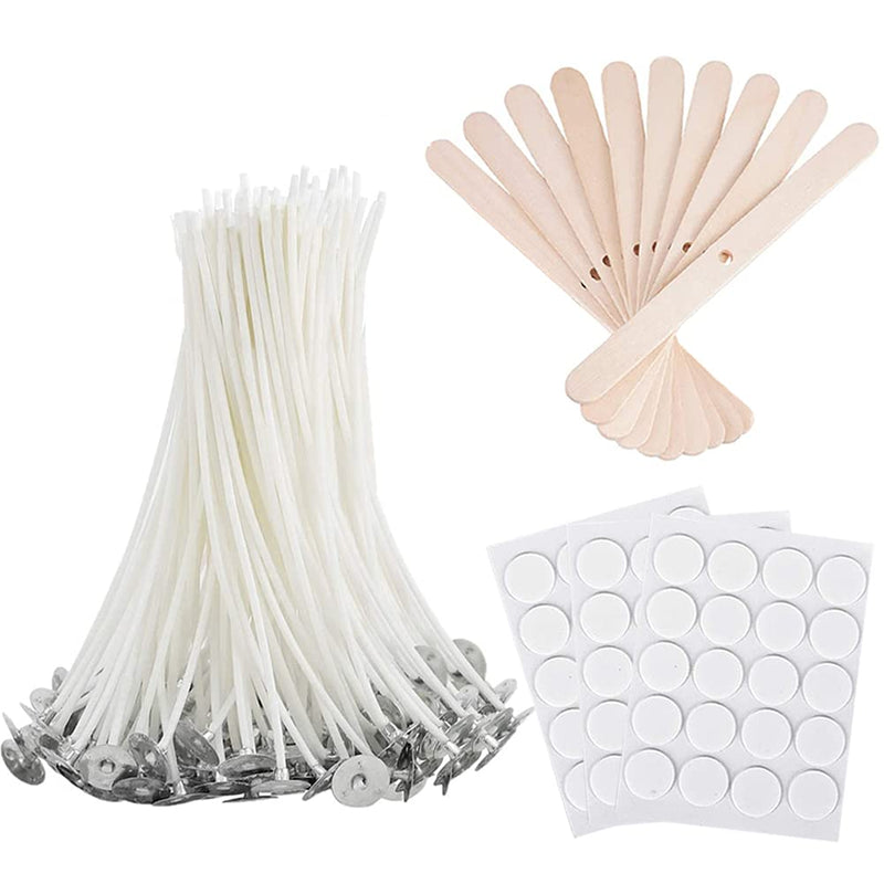 Bulk Candle Wicks 100 Pcs with 60Pcs Candle Wick Stickers and 10 Pcs Wooden Candle Wick Centering Device for Soy Beeswax Candle Making（4inch） 4 inch - NewNest Australia