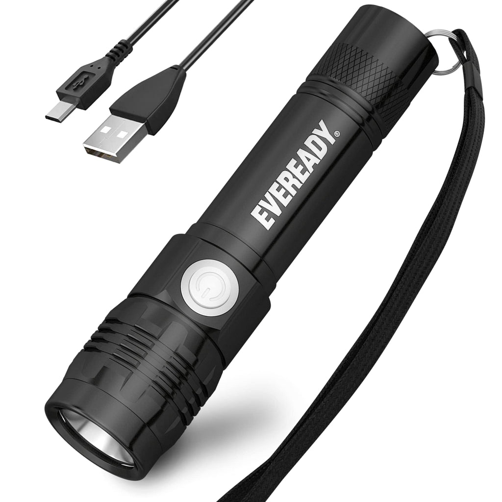 Eveready Rechargeable Flashlight, Rugged Aluminum Build, IPX4 Water Resistant, LED Flashlight, Micro UB Charging Cable Included, Black, One Size - NewNest Australia