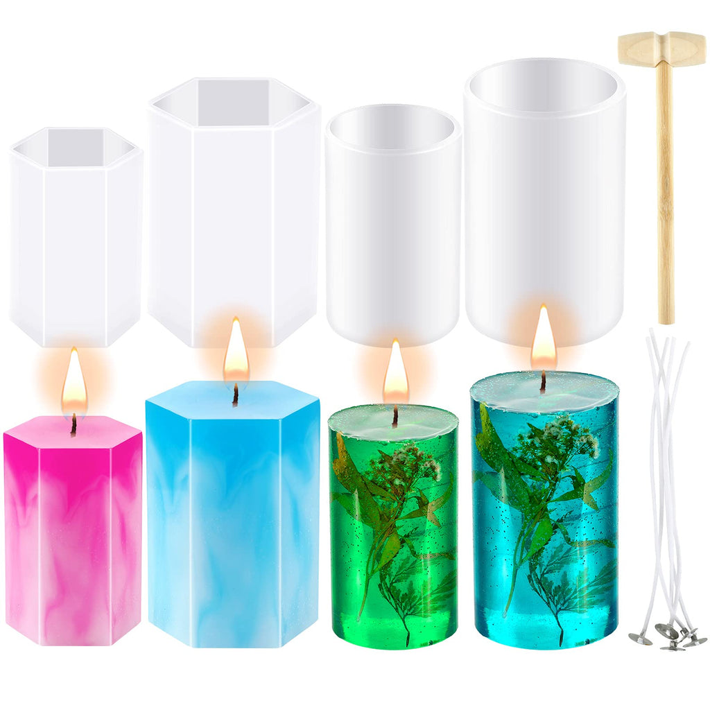 4 Pieces Cylinder Hexagon Candle Molds Pillar Candle Silicone Molds Silicone Casting Epoxy Resin Molds with 5 Candle Wicks and 1 Hammer for Candle Making - NewNest Australia