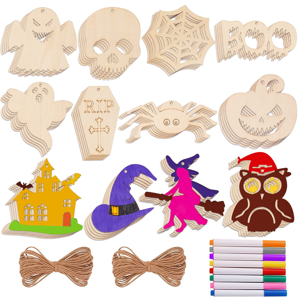 Max Fun 60PCS Halloween Wooden Slices Cutouts Ornaments DIY Crafts Unfinished Pre-drilled Natural Wood for Kids Halloween Hanging Decorations Gifts - NewNest Australia