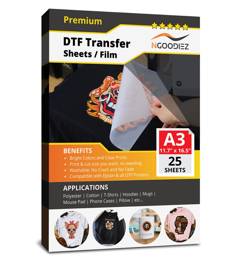 DTF Transfer Film Glossy Clear PreTreat Sheets PET Heat Transfer Paper for DYI Direct Print on T-Shirts Textile A3 (11.7" x 16.5") - 25 Sheets A3 (25 sheets) - NewNest Australia