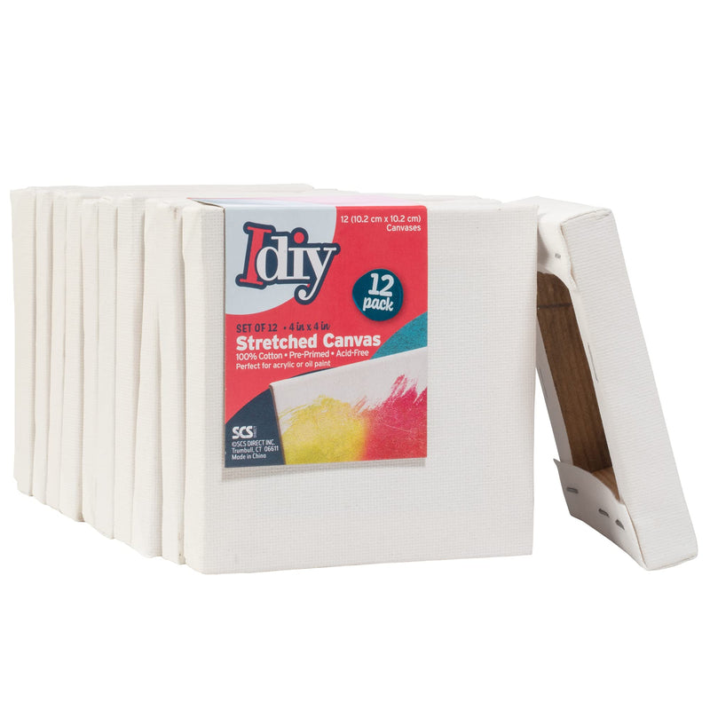 iDIY Stretched Canvas Board 4 x 4 (Set of 12) 5/8" - Classic White Blank, Pre Primed for Oils or Acrylics, 100% Cotton, Acid Free - Professional Grade for Painting or Art Project, Craft, Mixed Media - NewNest Australia