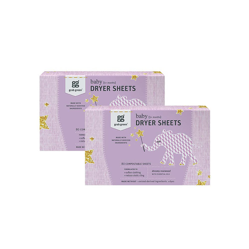 Grab Green Baby Laundry Dryer Sheets, 160 Sheets, Dreamy Rosewood Scent, Plant and Mineral Based, Compostable, Softens Clothing and Linens, Reduces Static Cling 2 Packs of 80 sheets - NewNest Australia