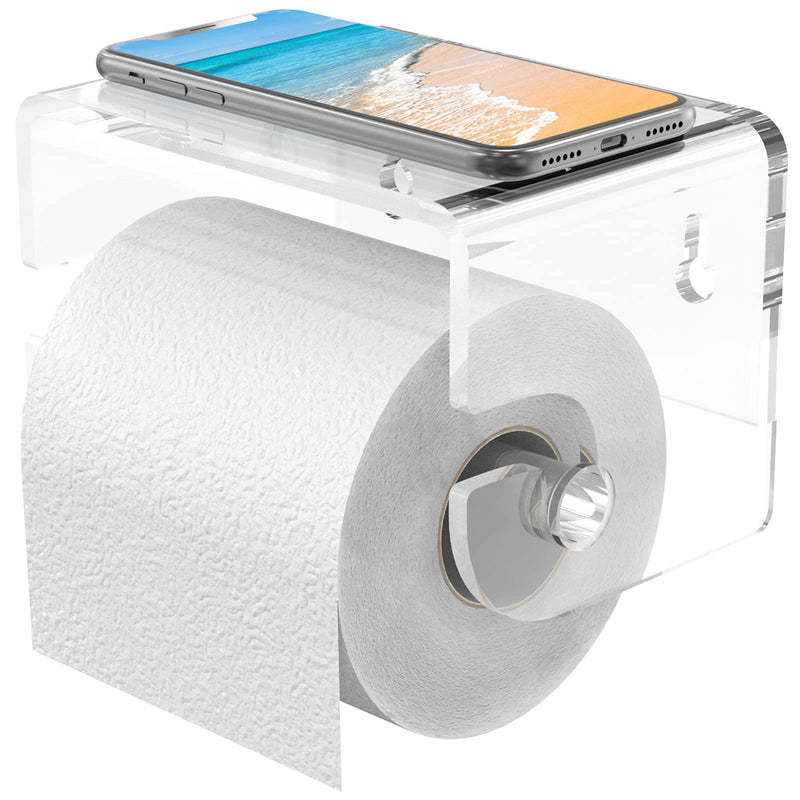 METEOU Self Adhesive Toilet Paper Holder with Phone Shelf, Acrylic Stick on Toilet Paper Roll Holder Wall Mount, Modern Style White Toilet Paper Stand for Bathroom - NewNest Australia