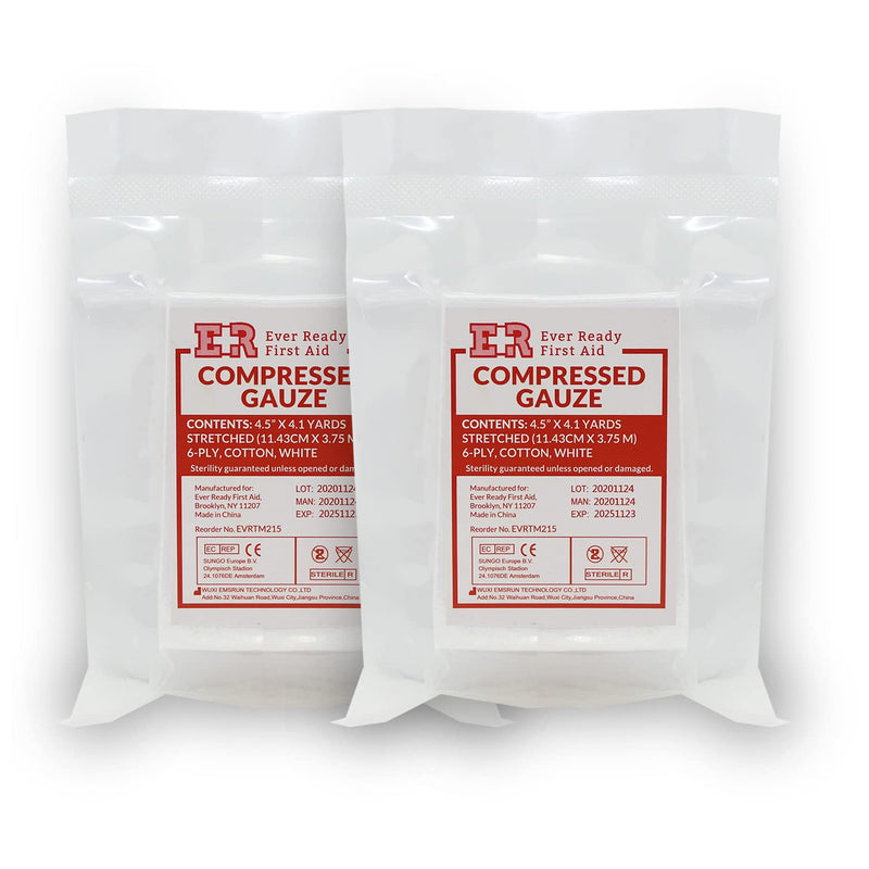 Ever Ready First Aid Compressed Sterile Gauze, 6-Ply Emergency Medical Dressing for First Aid Kits, Hemostatic Control Bandage – 4.5” x 4.1 Yards - 2 Pack - NewNest Australia