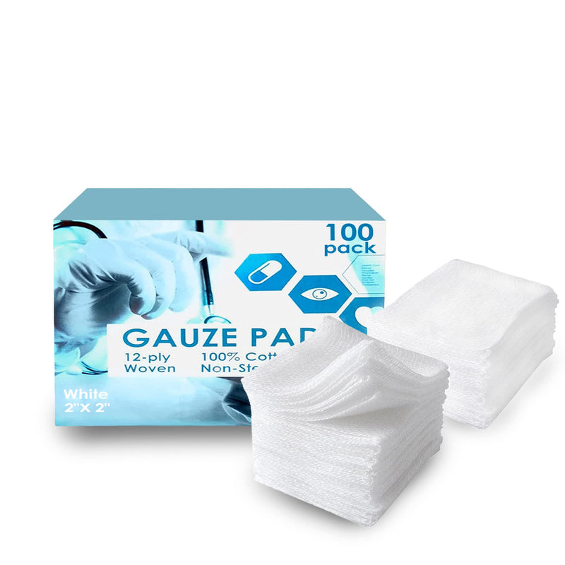 EZGOODZ Cotton Woven Gauze Sponges Pack of 100, Disposable Anti Stick Gauze Dressings 2” x 2”, Individually Packaged 12-Ply Non Sterile Gauze Pads, Non Sterile Gauze Squares Individually Wrapped 2" x 2" / 100 Pack - NewNest Australia