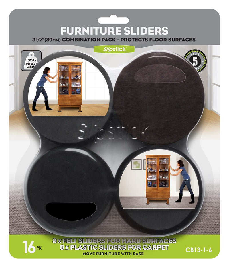 Slipstick Premium Furniture Sliders for All Floor Surfaces (16 Piece Moving Kit) Reusable 3.5” Round Furniture Movers for Sliding Furniture on Hardwood & Carpet, Black, CB13-1-16 - NewNest Australia