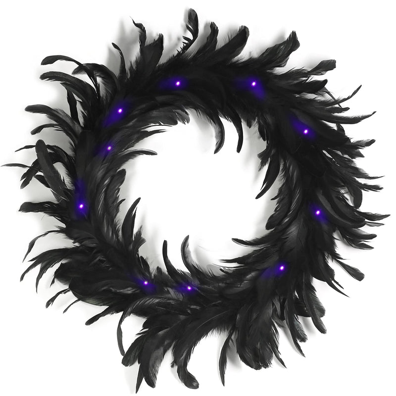 Ogrmar 15.7 Inch Halloween Feather Wreath Full Black Cocktail Feathers Wreath with 30 LED Purple Light for Halloween Spooky Scene Party Favors,Halloween Decoration Props,Trick of Treat - NewNest Australia