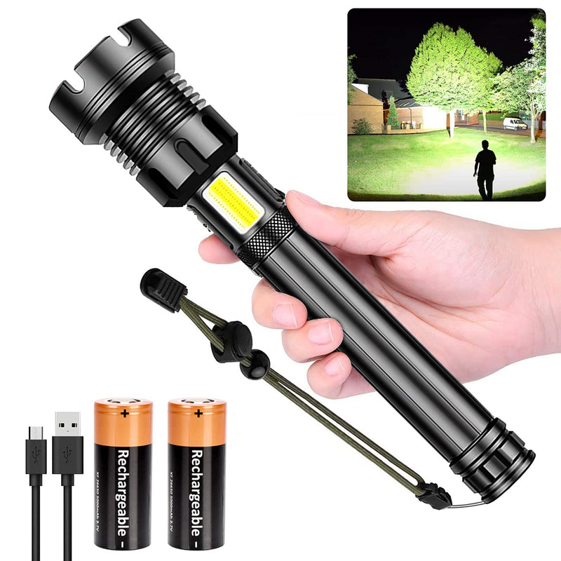 Rechargeable LED Flashlight High Lumens, 90000 Lumen Brightest Tactical Flashlight with 10000mAh Battery, Side Worklight, 7Modes Zoomable High-Power Flashlight&USB Rechargeable for Camping Emergency Highlumen Flashlight - NewNest Australia