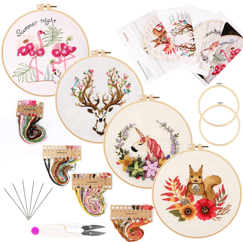 Embroidery Starters Kit with Pattern for Beginners, 4 Pack Cross Stitch Kits, 2 Wooden Embroidery Hoops,Scissors,Needles and Color Threads,Needlepoint Kit for Adults Animal - NewNest Australia