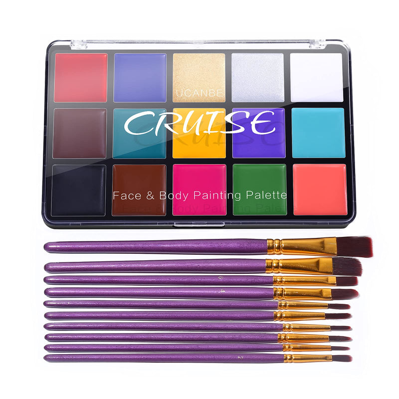 UCANBE CRUISE Face Body Paint Set, 15 Colors Painting Palette Makeup Kit with 10 Pcs Professional Artist Brushes for Halloween Cosplay Party - NewNest Australia