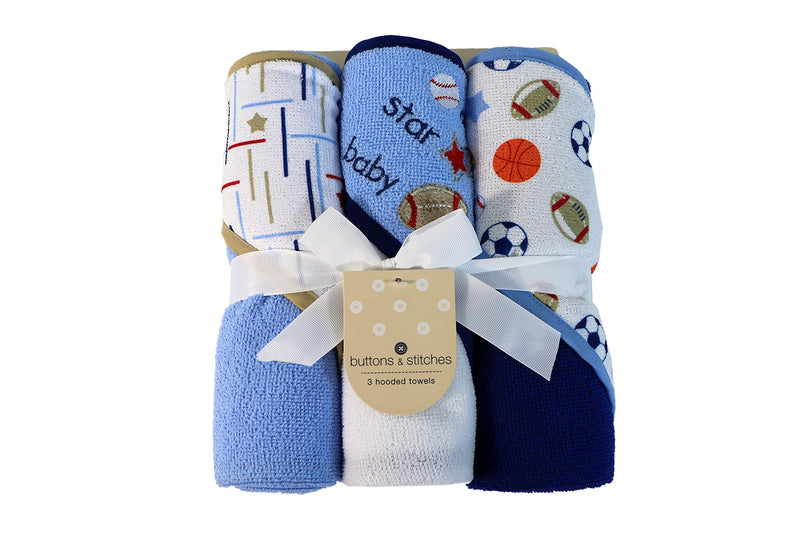Cudlie Buttons & Stitches Baby Boy 3 Pack Rolled/Carded Hooded Towels in All Star Baby Print (GS71720) 3 Pack hooded towel - NewNest Australia