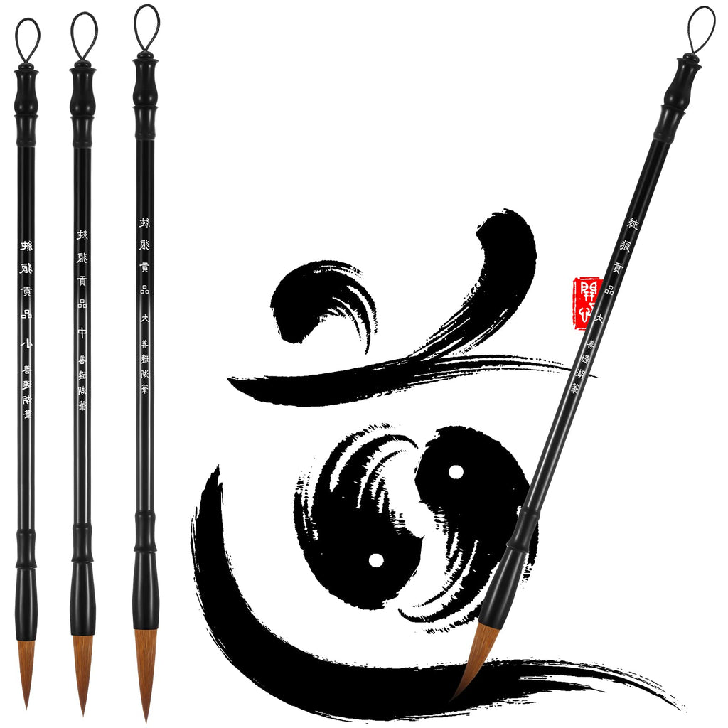 3 Pieces Chinese Calligraphy Writing Brush Sumi Drawing Brush Traditional Chinese Brush Pens Wooden Watercolor Ink Brush for Beginner Watercolor Painting Tools (3 Sizes) - NewNest Australia