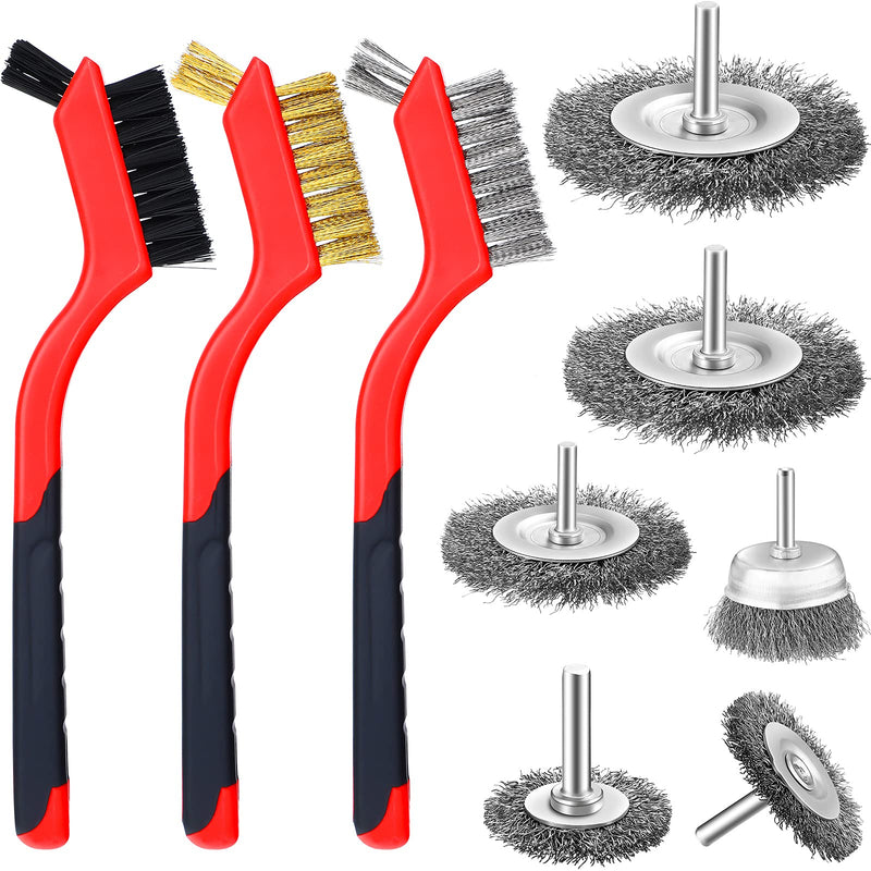 Wire Brush Set Includes 3 Pieces 7 Inch Nylon Brass Stainless Steel Bristles Brush with Curved Handle Grip, 6 Pieces Wire Wheel Cup Brush for Drill 1/4 Inch Arbor Cleaning Rust Dirt Paint Scrubbing - NewNest Australia