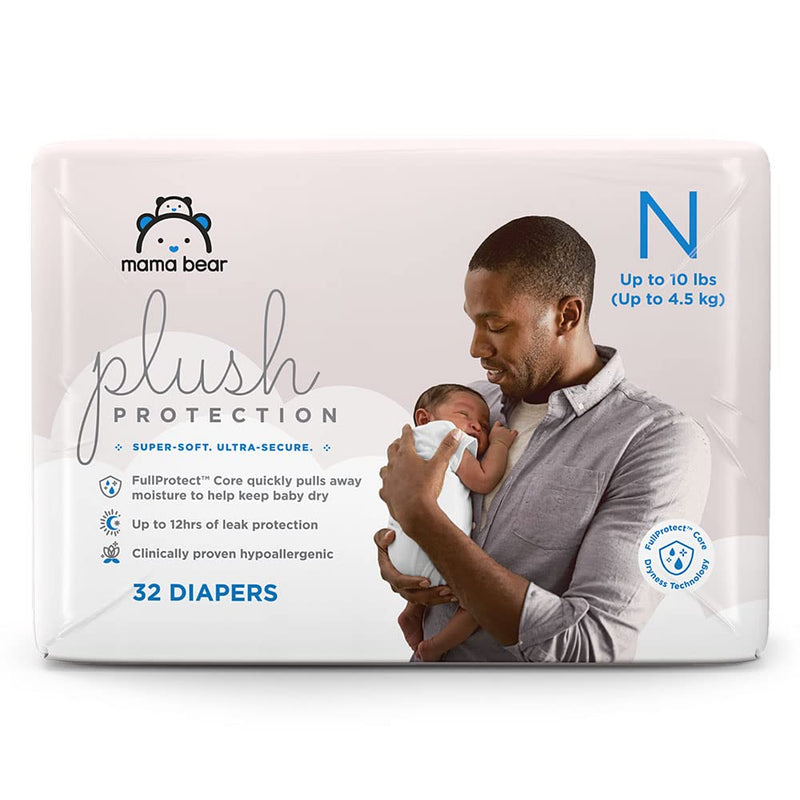 Amazon Brand - Mama Bear Plush Protection Newborn Diapers, Ultra-soft, Hypoallergenic, Dermatologist Tested, For Babies Weighing Up to 10 Pounds, Assorted Print, 32 Count Size 0 (32 Count) 1 Pack - NewNest Australia