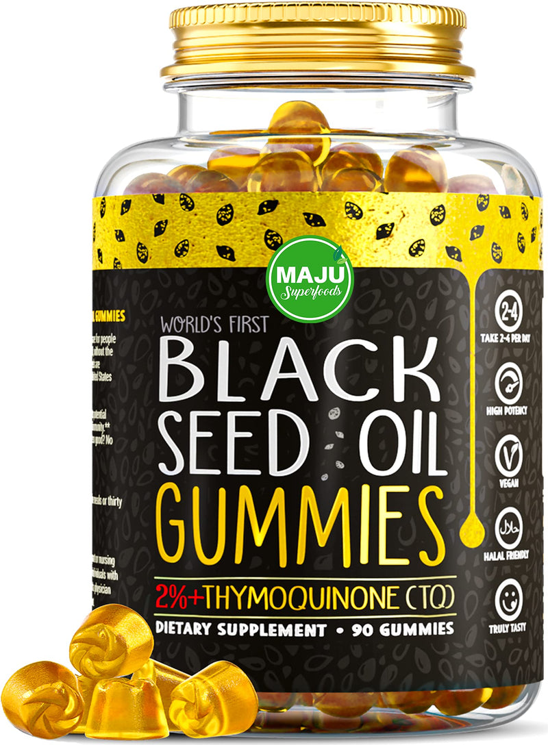 MAJU's Black Seed Oil Gummies - World's First Gummy w/ 2%+ Thymoquinone, Black Cumin Seed Nigella Sativa Oil, Cold-Pressed, Potent Formula with Cinnamon Extract, No Aftertaste - 500mg (90ct) - NewNest Australia