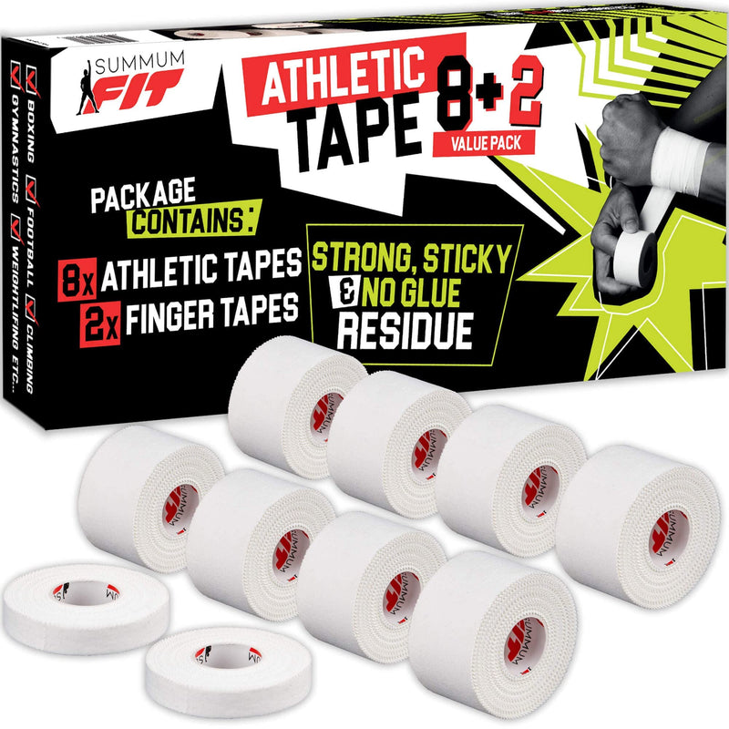 Summum Fit White Athletic Tape Extremely Strong: 8 Rolls + 2 Finger Tape. Easy to Apply & No Sticky Residue. Sports Tape for Boxing, Football or Climbing. Enhance Wrist, Ankle & Hand Protection Now - NewNest Australia