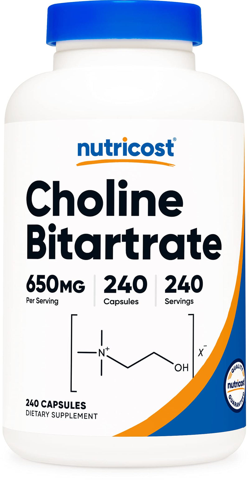 Nutricost Choline Bitartrate 650mg, 240 Vegetarian Capsules - Non-GMO, Vegetarian Friendly, Gluten Free - NewNest Australia
