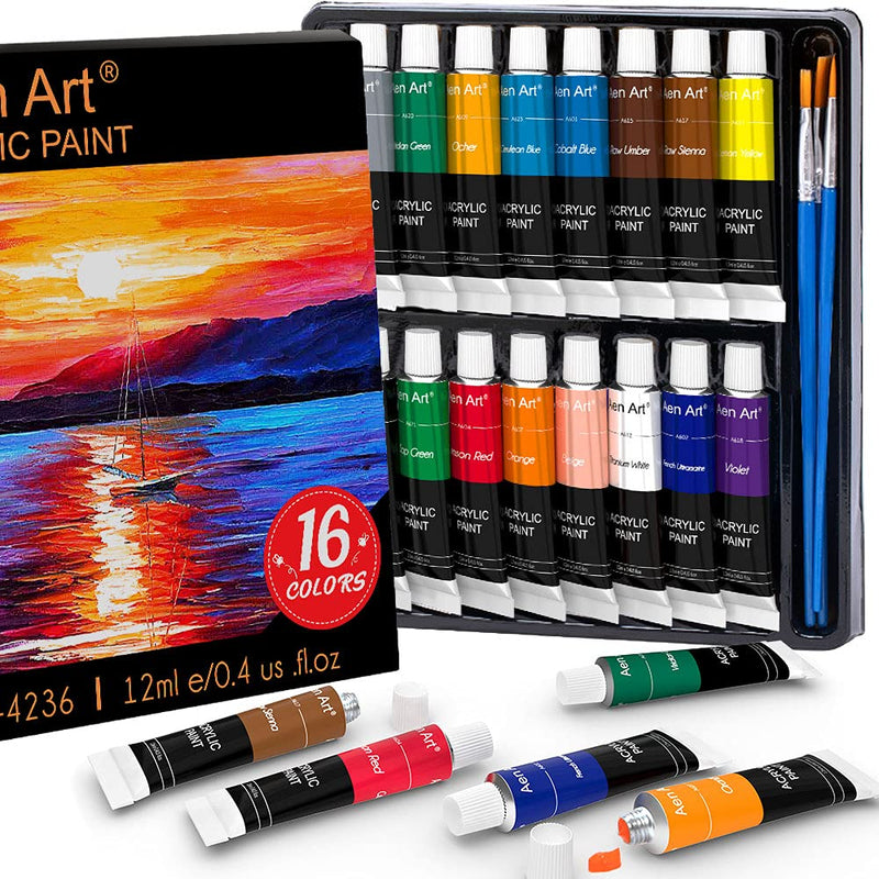 Acrylic Paint Set, Aen Art 16 Colors Painting Supplies for Canvas Wood Fabric Ceramic Crafts, Non Toxic&Rich Pigments for Beginners - NewNest Australia