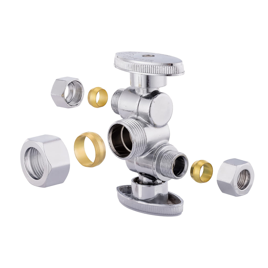 1/4 Turn Dual Compression Outlet Angle Stop Valve with 2 Shut Off Valve/Handles, 1/2" NOM (5/8" OD) x (3/8 inch x 3/8 inch) Chrome - NewNest Australia