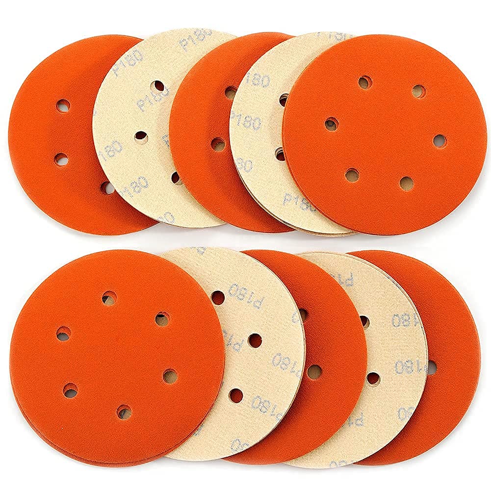 Sanding Discs 6 Inch 6 Hole,Hook and Loop Wet Dry 180 Grit Sandpaper,High Performance Ceramic Abrasive Round Flocking Sanding Paper for Wood,Metal Grinding,Automotive Polishing,30 Pack,Orange - NewNest Australia