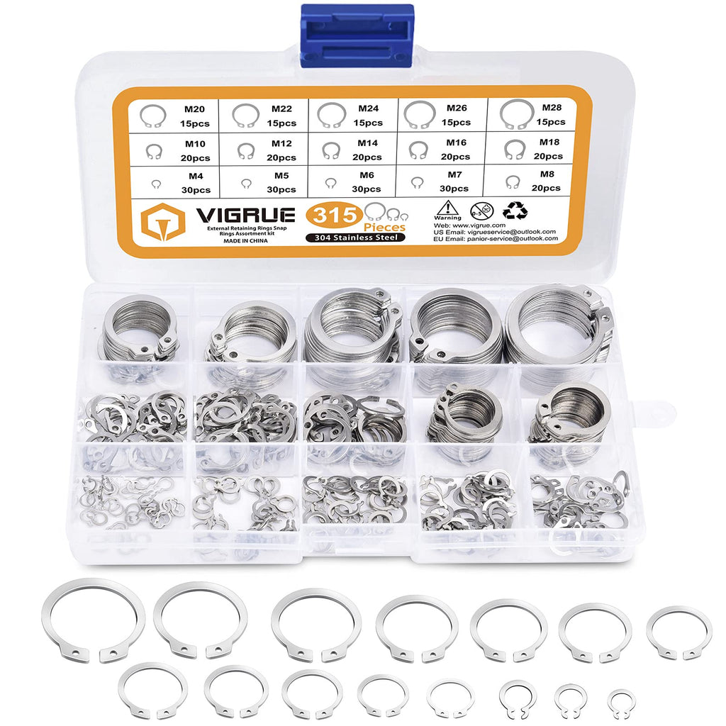 VIGRUE 315Pcs External Retaining Rings Snap Rings Assortment kit 304 Stainless Steel External Circlip Snap External Retaining C-Clips Rings Set, 15 Sizes (304 Stainless Steel Circlip) 304 Stainless Steel Circlip - NewNest Australia