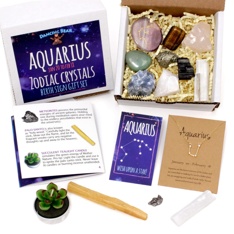 DANCING BEAR Aquarius Zodiac Healing Crystals Gift Set, (14 Pc): 9 Stones, 18K Gold-plated Constellation Necklace, Meteorite, Succulent Candle, Palo Santo Smudge stick, and Info Guide, Made in the USA - NewNest Australia