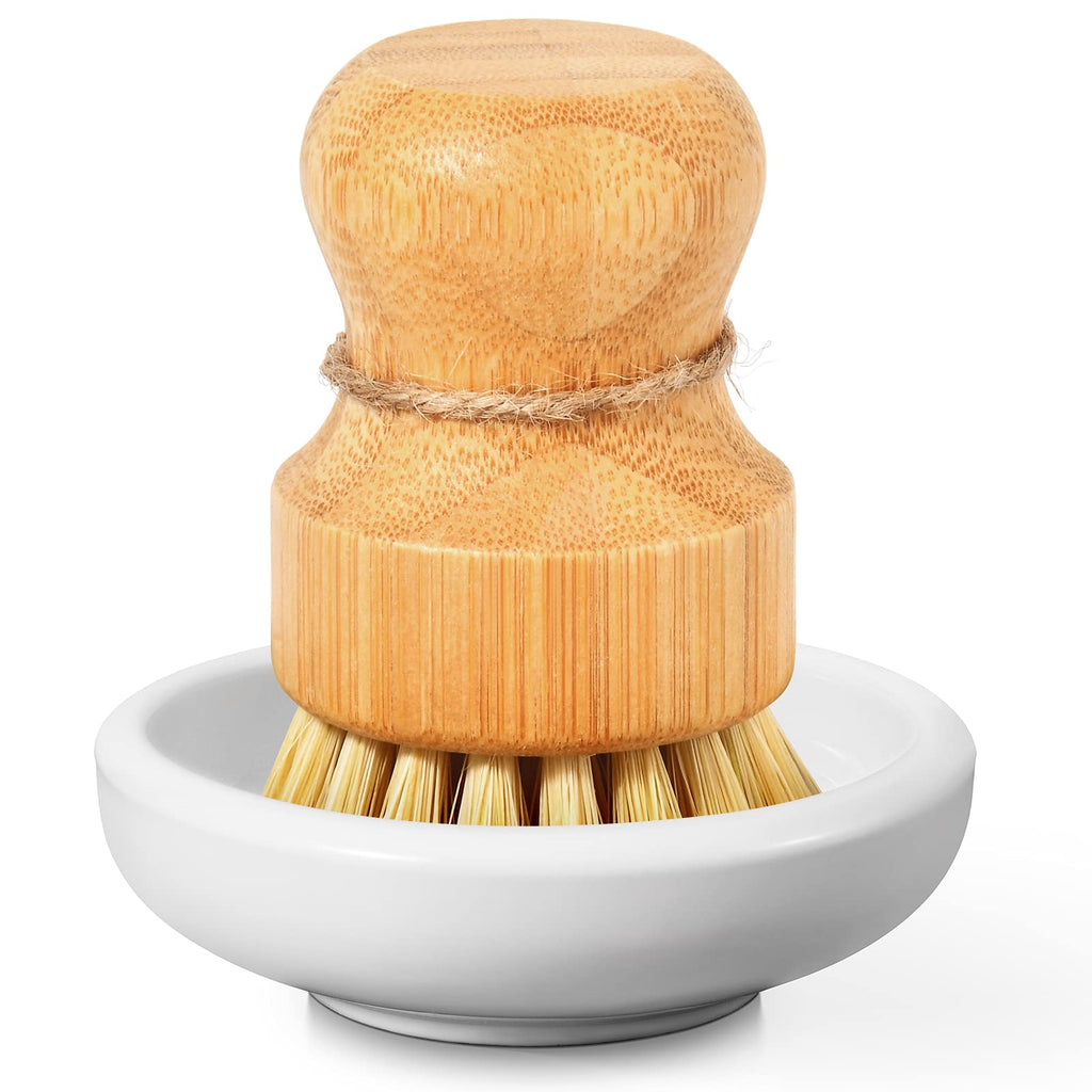 SUBEKYU Bamboo Dish Scrub Brush for Kitchen Sink, Natural Wooden Washing Dish Brush Scrubber, Sisal Bristles Brush for Household Cleaning Cast Iron Brush Pots, Pans and Vegetables Ceramics Base + 1P Sisal Brush - NewNest Australia