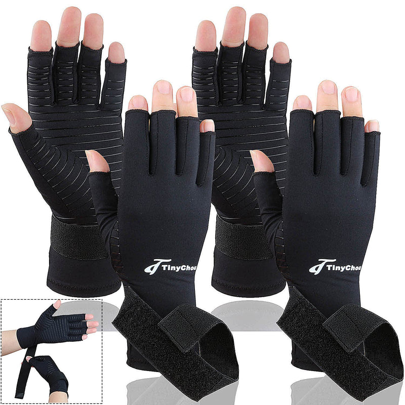 Tiny Chou 2 Pairs Copper Compression Arthritis Gloves with Adjustable Strap for Carpal Tunnel,Typing,Support (Small/Medium (2 Pairs)) Black Small/Medium (2 Pairs) - NewNest Australia