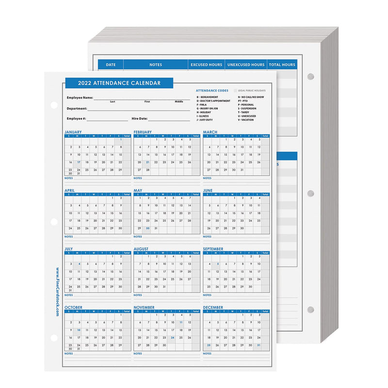 2022 Attendance Calendar Card Stock Paper – Great Employee Work Tracker | Printed on Durable and Thick 80lb (216gsm) Cardstock | 8 ½ X 11 | 25 Sheets per Pack - NewNest Australia