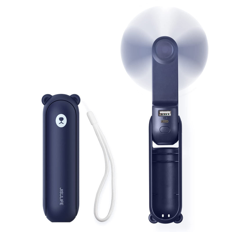 JISULIFE 3 IN 1 Handheld Fan, Mini Hand Fan, Portable Small Pocket Fan, USB Rechargeable Fan [14-21 Working Hours] with Power Bank, Flashlight Feature for Eyelash, Makeup, Outdoor-Dark Blue - NewNest Australia