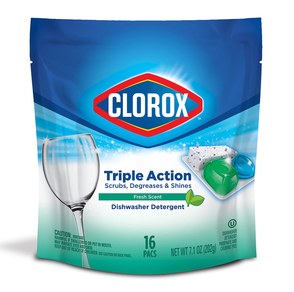 Clorox Triple Action Dishwasher Detergent Pacs, 16 Count Dishwashing Pacs, Fresh Scent - NewNest Australia