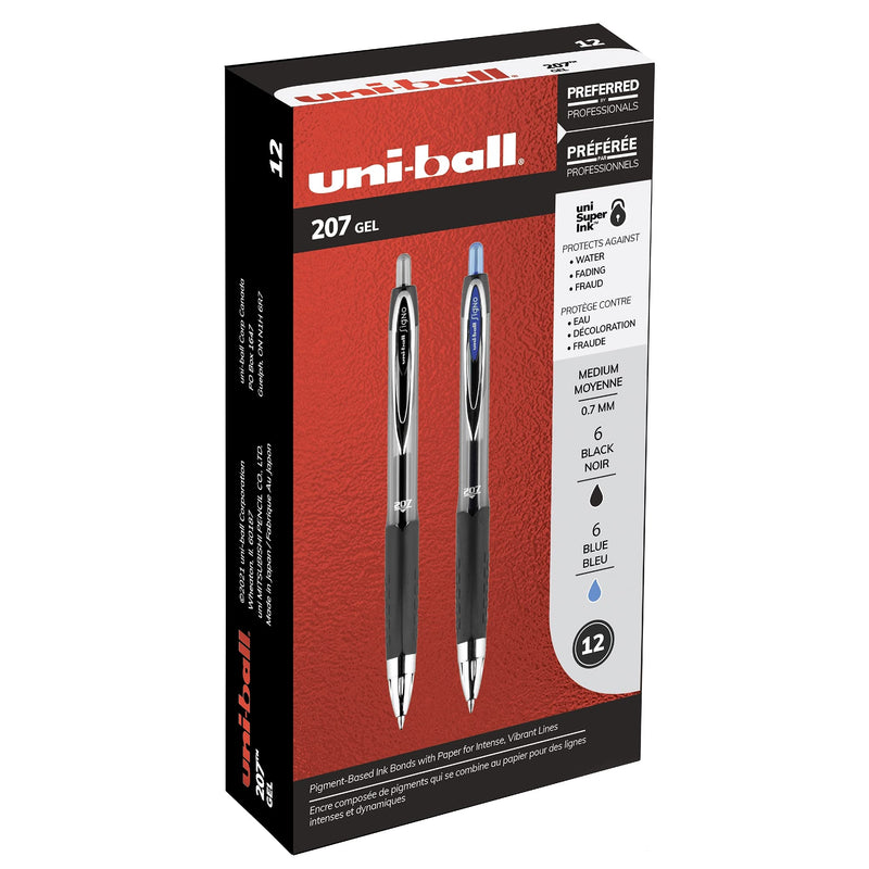 Uniball Signo 207 Retractable Gel Pens - Medium Point - 6 Black with 6 Blue Ink Pens (Total of 12 Pens) - NewNest Australia