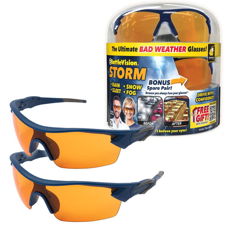 BattleVision Storm Glare-Reduction Glasses by BulbHead, See Clearly During Bad Weather Day or Night, Great for ALL Weather Conditions, Optimize Light & Block Blue Rays, Unisex Design, 2 Pairs - NewNest Australia