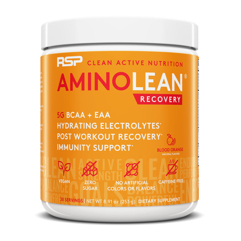 RSP AminoLean Recovery - Post Workout BCAAs Amino Acids Supplement + Electrolytes, BCAAs and EAAs for Hydration Boost, Immunity Support - Muscle Recovery Drink, Vegan Friendly, Blood Orange 30 Servings (Pack of 1) - NewNest Australia