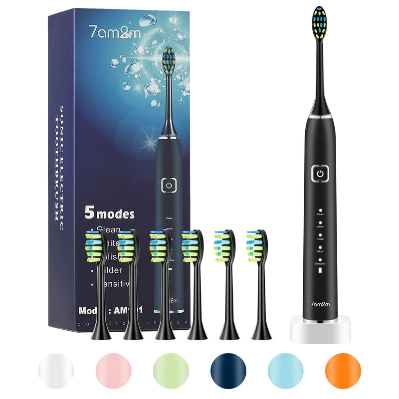 7am2m Sonic Electric Toothbrush with 6 Brush Heads for Adults and Kids, Wireless Fast Charge, One Charge for 60 Days,5 Modes with 2 Minutes Build in Smart Timer, Electric Toothbrushes(Black) Black - NewNest Australia